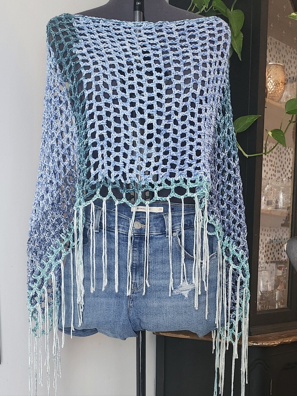 Handmade Blue Gradient Crochet Shawl - Blue - Ombre Poncho With Fringe